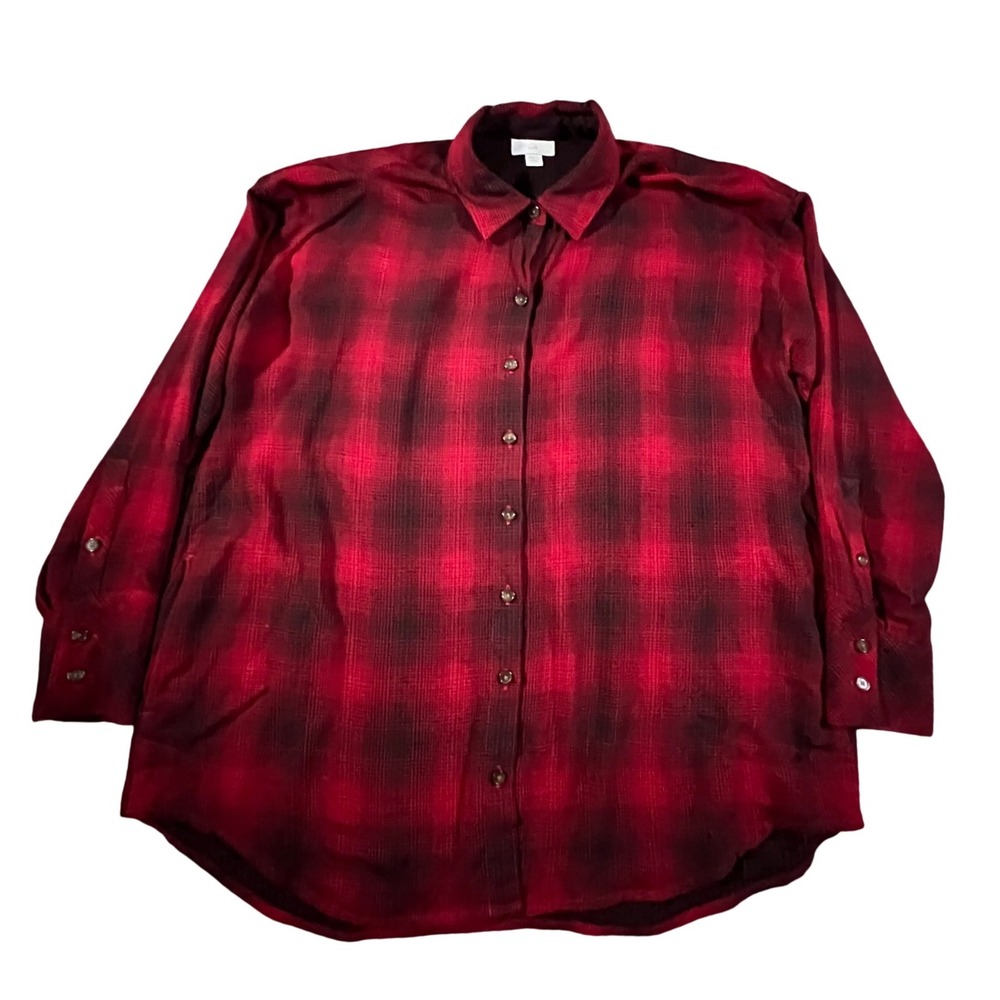 J. Jill Plaid Tunic Shirt Women S Petite Red Black Rayon Long Sleeve Button Up